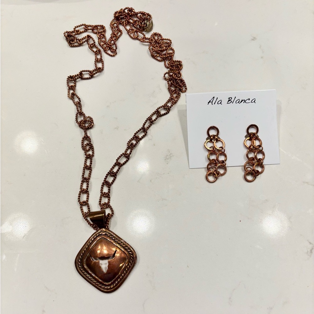 NWT Ala Blanca Copper Multi Ring Drop Pendant Necklace & Matching Drop Earrings